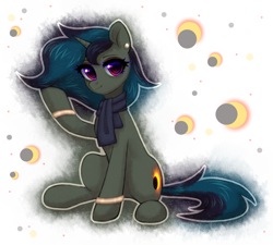 Size: 2556x2300 | Tagged: safe, artist:avrameow, imported from derpibooru, oc, oc only, oc:astrum solus, pony, unicorn, clothes, ear piercing, earring, eyeshadow, female, horn, jewelry, leg rings, looking at you, makeup, mare, no source available, piercing, scarf, sitting, solo, unicorn oc