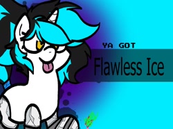 Size: 1601x1200 | Tagged: safe, imported from derpibooru, oc, oc:flawless ice, cyborg, pony, unicorn, banned from equestria daily, ponytail, solo, tail, tail wrap, tongue out, ya got