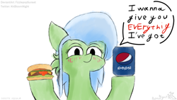 Size: 1920x1080 | Tagged: safe, artist:fizzlepopsunset, imported from derpibooru, oc, oc only, pony, burger, female, food, hamburger, pepsi, simple background, soda, solo, white background