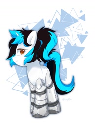Size: 1251x1614 | Tagged: safe, imported from derpibooru, oc, oc:flawless ice, cyborg, pony, unicorn, abstract background, cybernetic legs, solo