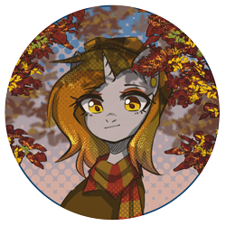 Size: 2000x2000 | Tagged: safe, artist:avrameow, imported from derpibooru, oc, oc only, oc:aurora shinespark, pony, unicorn, clothes, ear piercing, earring, eyeshadow, female, hat, horn, jewelry, leaves, looking at you, makeup, mare, no source available, piercing, scarf, solo, unicorn oc