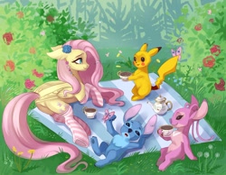 Size: 2048x1587 | Tagged: safe, artist:fixhiara1, imported from derpibooru, fluttershy, pegasus, pikachu, pony, angel (lilo and stitch), blanket, clothes, crossover, cute, female, flower, flower in hair, food, lilo and stitch, pokémon, shyabetes, socks, stitch, tea