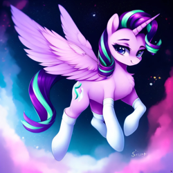 Size: 2048x2048 | Tagged: safe, imported from derpibooru, starlight glimmer, alicorn, pony, abstract background, ai content, ai generated, alicornified, chest fluff, clothes, female, generator:purplesmart.ai, generator:stable diffusion, looking at you, mare, race swap, socks, solo, spread wings, starlicorn, wings, xk-class end-of-the-world scenario