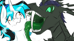 Size: 1557x875 | Tagged: safe, artist:testostepone, imported from derpibooru, oc, oc:flawless ice, oc:t'zzet, changeling, pony, unicorn, fangs, licking, long tongue, sharp teeth, solo, teeth, tongue out