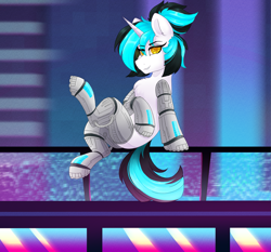 Size: 2173x2028 | Tagged: safe, artist:dusk feather, imported from derpibooru, oc, oc:flawless ice, cyborg, pony, unicorn, city, cyberpunk, railing, solo