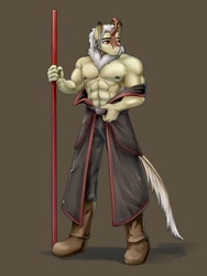 Size: 1350x1800 | Tagged: safe, artist:d-lowell, imported from derpibooru, oc, oc only, anthro, kirin, boots, braid, brown background, clothes, male, muscles, muscular male, partial nudity, robe, shoes, simple background, solo, staff, topless