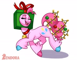 Size: 2048x1638 | Tagged: safe, artist:zendora, imported from derpibooru, pinkie pie, earth pony, pony, bell, bell collar, christmas, christmas lights, collar, colored hooves, eyes closed, holiday, present, silly, simple background, smiling, solo, string lights, white background