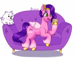 Size: 2048x1638 | Tagged: safe, artist:zendora, imported from derpibooru, pipp petals, dog, pegasus, pomeranian, pony, adorapipp, cellphone, cloudpuff, couch, cute, female, flying pomeranian, g5, happy, jewelry, male, mare, open mouth, open smile, phone, simple background, smartphone, smiling, tiara, white background, winged dog, wings