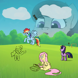 Size: 512x512 | Tagged: artist needed, safe, artist:zippysqrl, imported from derpibooru, fluttershy, octavia melody, pinkie pie, rainbow dash, twilight sparkle, earth pony, pegasus, pony, unicorn, aggie.io, basket, bomb, bush, cloud, field, grass, macro, multiple artists, picnic basket, size difference, sketch, sky, unicorn twilight, weapon