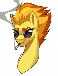 Size: 1573x2048 | Tagged: safe, artist:zendora, imported from derpibooru, spitfire, pegasus, pony, bust, cigarette, eyelashes, female, mare, simple background, smoking, solo, sunglasses, white background