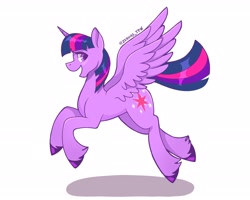 Size: 2048x1638 | Tagged: safe, artist:zendora, imported from derpibooru, twilight sparkle, alicorn, pony, female, flying, mare, open mouth, open smile, shadow, signature, simple background, smiling, solo, twilight sparkle (alicorn), unshorn fetlocks, white background