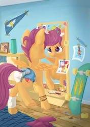 Size: 2480x3508 | Tagged: safe, artist:db, derpibooru exclusive, imported from derpibooru, apple bloom, mane allgood, rainbow dash, scootaloo, snap shutter, sweetie belle, pegasus, pony, alternate, bandaid, bandaid on nose, brush, cutie mark crusaders, diaper, diaper fetish, feather, fetish, hairbrush, mirror, non-baby in diaper, pennant, photo, picture frame, pullup (diaper), reflection, skateboard, spread wings, sticker, underhoof, wings, wonderbolts, wrench