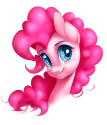 Size: 768x896 | Tagged: safe, imported from derpibooru, pinkie pie, earth pony, pony, ai content, ai generated, bust, cute, female, mare, portrait, simple background, smiling, solo, white background