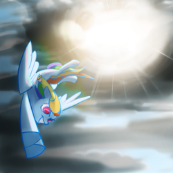 Size: 3088x3088 | Tagged: safe, artist:s410, derpibooru exclusive, imported from derpibooru, rainbow dash, pegasus, pony, cloud, flying, lens flare, solo, sun