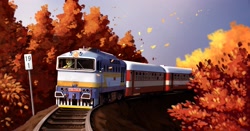 Size: 2860x1500 | Tagged: safe, artist:28gooddays, imported from derpibooru, oc, oc only, oc:beamshot, earth pony, pony, autumn, detailed background, leaves, locomotive, railroad, scenery, solo, train