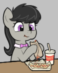 Size: 275x347 | Tagged: safe, artist:zippysqrl, imported from derpibooru, octavia melody, pony, aggie.io, bowtie, burrito, food, french fries, hoof hold, messy eating, milkshake, simple background, solo