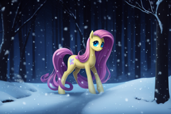 Size: 960x640 | Tagged: safe, imported from derpibooru, fluttershy, pegasus, pony, ai content, ai generated, female, forest, mare, snow, snowfall, solo