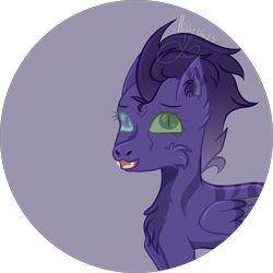 Size: 3002x3002 | Tagged: safe, artist:thecommandermiky, imported from derpibooru, oc, oc only, oc:miky command, cheetah, hybrid, pegasus, pony, chest fluff, circle background, digital art, ear fluff, fangs, looking at you, pegasus oc, purple background, simple background, smiling, smiling at you, solo, update