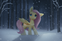 Size: 960x640 | Tagged: safe, imported from derpibooru, fluttershy, pegasus, pony, ai content, ai generated, female, forest, mare, snow, snowfall, solo