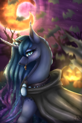 Size: 1000x1500 | Tagged: safe, artist:alissa1010, imported from derpibooru, princess luna, alicorn, bat, pony, blue eyes, blue mane, candy, cape, clothes, crepuscular rays, crescent moon, curved horn, cute, digital art, ethereal mane, eyelashes, eyeshadow, female, flowing mane, food, glowing, halloween, holiday, horn, lidded eyes, looking at you, makeup, mare, moon, moonlight, night, nightmare night, pumpkin, smiling, smiling at you, solo, starry mane, stars