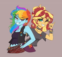 Size: 1785x1640 | Tagged: safe, artist:indigohatetrain, imported from derpibooru, rainbow dash, sunset shimmer, human, equestria girls, choker, clothes, duo, female, simple background, spiked choker