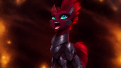 Size: 1024x576 | Tagged: safe, imported from derpibooru, tempest shadow, earth pony, pony, my little pony: the movie, ai content, ai generated, armor, female, mare, open mouth, race swap, singing, solo
