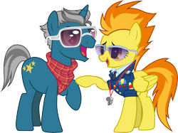 Size: 5534x4139 | Tagged: safe, artist:cloudy glow, artist:dusk2k, edit, imported from derpibooru, vector edit, fashion plate, spitfire, pegasus, pony, unicorn, canterlot boutique, season 5, wonderbolts academy, .svg available, absurd resolution, bandana, clothes, drill sergeant, duo, duo male and female, female, fireplate, high res, male, mare, necktie, raised hoof, shipping, show accurate, simple background, smiling, stallion, straight, sunglasses, transparent background, uniform, vector, whistle, whistle necklace, wonderbolts dress uniform