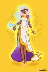Size: 682x1024 | Tagged: safe, artist:indigohatetrain, imported from derpibooru, princess celestia, human, alternate hairstyle, clothes, dark skin, dress, ear piercing, earring, female, humanized, jewelry, piercing, ring, solo