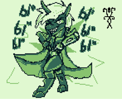 Size: 882x720 | Tagged: safe, artist:damset, imported from derpibooru, oc, oc only, oc:da-mset, changeling, cloak, clothes, jojo pose, monochrome, ms paint, one eye, pixel art, simple background, taunting, ы"