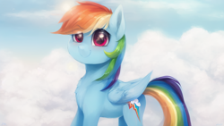 Size: 1024x576 | Tagged: safe, imported from derpibooru, rainbow dash, pegasus, pony, ai content, ai generated, cloud, cloudy, female, mare, solo