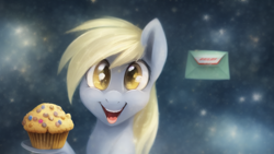 Size: 1024x576 | Tagged: safe, imported from derpibooru, derpy hooves, pegasus, pony, ai content, ai generated, bust, cute, female, food, mare, muffin, open mouth, portrait, solo