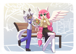 Size: 1407x1000 | Tagged: safe, artist:howxu, imported from derpibooru, oc, oc only, anthro, pegasus, unicorn, bench, breasts, cleavage, duo, female, flower, long hair, male, oc x oc, shipping, straight, tail