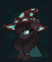 Size: 2681x3183 | Tagged: safe, artist:confetticakez, imported from derpibooru, oc, oc only, pony, brown fur, brown mane, clothes, dark background, ear fluff, female, freckles, green eyes, hat, mare, mushroom, mushroom hat, robe, solo