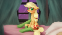 Size: 1024x576 | Tagged: safe, imported from derpibooru, applejack, earth pony, pony, ai content, ai generated, bed, blushing, clothes, cute, female, jackabetes, looking at you, mare, on bed, socks, solo