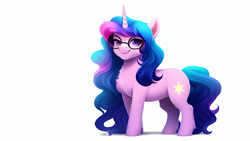 Size: 1024x576 | Tagged: safe, imported from derpibooru, izzy moonbow, pony, unicorn, ai content, ai generated, female, g5, mare, my little pony: a new generation, simple background, smiling, solo, white background, wrong cutie mark