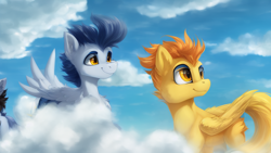 Size: 1024x576 | Tagged: safe, imported from derpibooru, soarin', spitfire, pegasus, pony, ai content, ai generated, cloud, cloudy, duo, female, male, mare, smiling, stallion