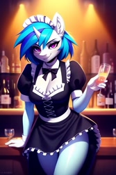 Size: 1024x1536 | Tagged: safe, editor:nightluna, imported from derpibooru, dj pon-3, vinyl scratch, anthro, unicorn, ai content, ai generated, bar, breasts, clothes, female, generator:purplesmart.ai, generator:stable diffusion, glass, looking at you, maid, mare, prompter:nightluna, smiling, smiling at you, solo, standing