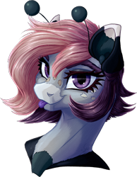 Size: 938x1206 | Tagged: safe, artist:thatonegib, imported from derpibooru, oc, oc only, oc:scuttlebug, :p, bust, freckles, looking at you, multicolored hair, portrait, simple background, smiling, solo, tongue out, transparent background