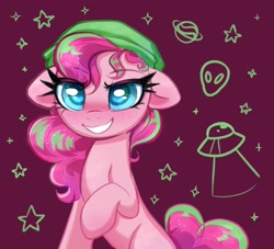 Size: 2276x2070 | Tagged: safe, artist:confetticakez, imported from derpibooru, pinkie pie, alien, earth pony, pony, female, grin, smiling, ufo