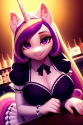 Size: 1024x1536 | Tagged: safe, editor:nightluna, imported from derpibooru, princess cadance, alicorn, anthro, ai content, ai generated, bar, breasts, clothes, ear fluff, eyebrows, eyelashes, female, generator:purplesmart.ai, generator:stable diffusion, looking at you, maid, mare, prompter:nightluna, smiling, smiling at you, solo, standing