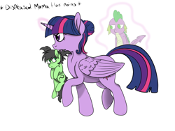Size: 800x600 | Tagged: artist needed, safe, imported from derpibooru, spike, twilight sparkle, oc, oc:filly anon, alicorn, dragon, earth pony, pony, alternate hairstyle, angry, annoyed, behaving like a cat, carrying, colored, descriptive noise, female, filly, floppy ears, foal, folded wings, hair bun, horse noises, magic, mama twilight, mouth hold, scruff, simple background, telekinesis, twilight sparkle (alicorn), white background, wings