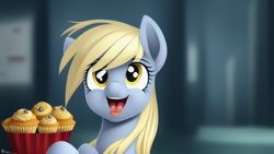 Size: 1024x576 | Tagged: safe, imported from derpibooru, derpy hooves, pegasus, pony, ai content, ai generated, female, food, looking at you, mare, muffin, open mouth, solo, tongue out