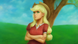 Size: 1024x576 | Tagged: safe, imported from derpibooru, applejack, human, ai content, ai generated, female, humanized, solo
