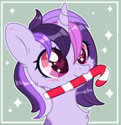 Size: 2634x2720 | Tagged: safe, artist:sarahsuresh-art, imported from derpibooru, oc, oc only, oc:dreaming bell, pony, unicorn, candy, candy cane, christmas, commission, cute, female, food, happy, heart, heart eyes, hearts warming day, holiday, horn, mare, ocbetes, solo, unicorn oc, wingding eyes, ych result