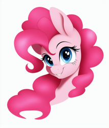 Size: 768x896 | Tagged: safe, imported from derpibooru, pinkie pie, earth pony, pony, ai content, ai generated, bust, cute, female, mare, portrait, simple background, smiling, solo, white background