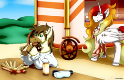 Size: 3380x2196 | Tagged: safe, artist:thebenalpha, imported from derpibooru, daybreaker, oc, oc:calpain, alicorn, earth pony, pony, alternate universe, churros, eating, food, food truck, ryoku verse, soda can, the burning snack