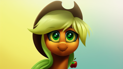 Size: 1024x576 | Tagged: safe, imported from derpibooru, applejack, earth pony, pony, ai content, ai generated, bust, female, gradient background, mare, portrait, smiling, solo