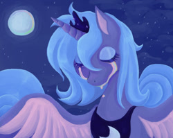 Size: 1280x1019 | Tagged: safe, artist:lemonlovespidge, imported from derpibooru, princess luna, alicorn, pony, blue mane, crown, crying, digital art, eyes closed, feather, female, horn, jewelry, mare, moon, night, peytral, regalia, sad, sky, solo, spread wings, stars, wings
