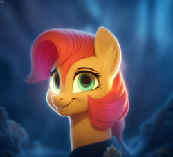 Size: 704x640 | Tagged: safe, imported from derpibooru, babs seed, earth pony, pony, ai content, ai generated, bust, female, filly, foal, portrait, smiling, solo