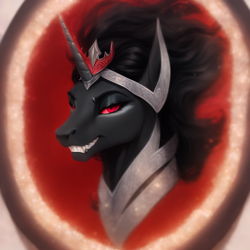 Size: 832x832 | Tagged: safe, imported from derpibooru, king sombra, pony, unicorn, ai content, ai generated, armor, bust, grin, looking at you, male, portrait, red eyes, sharp teeth, smiling, smug, solo, stallion, teeth